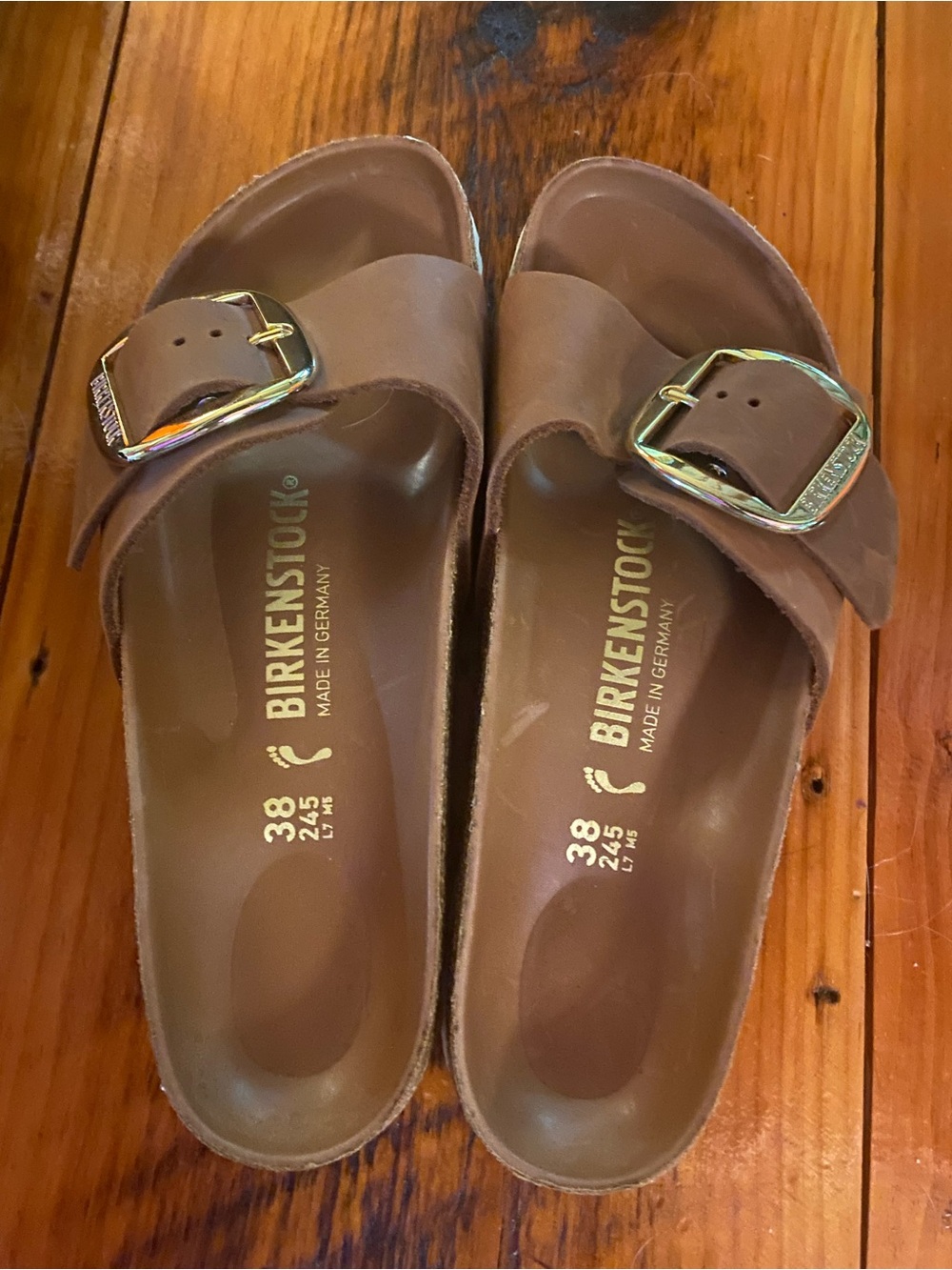 Birkenstock Tan Single-Band Madrid Slide Sandals with Gold Buckles